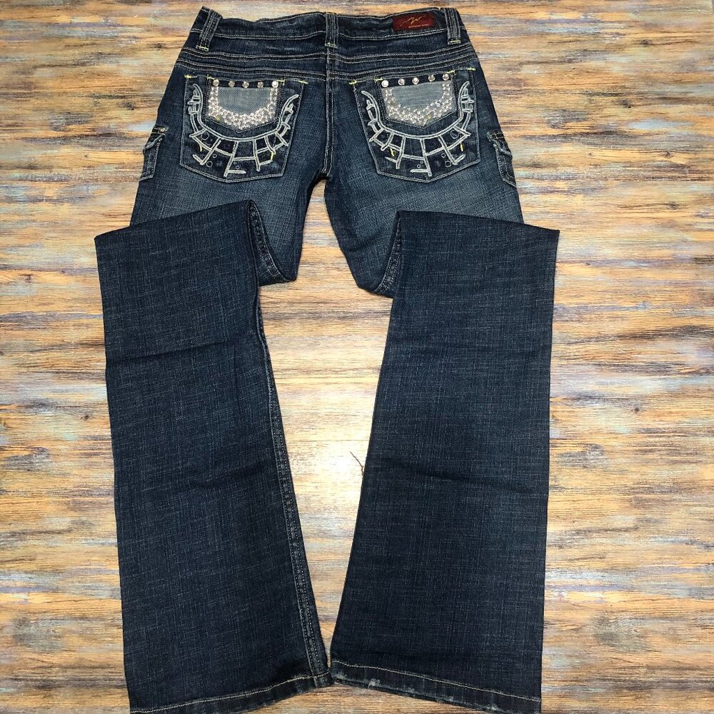 Machine Jeans Low Rise Boot Cut Stud Embellished Distressed Blue Womens Size 1